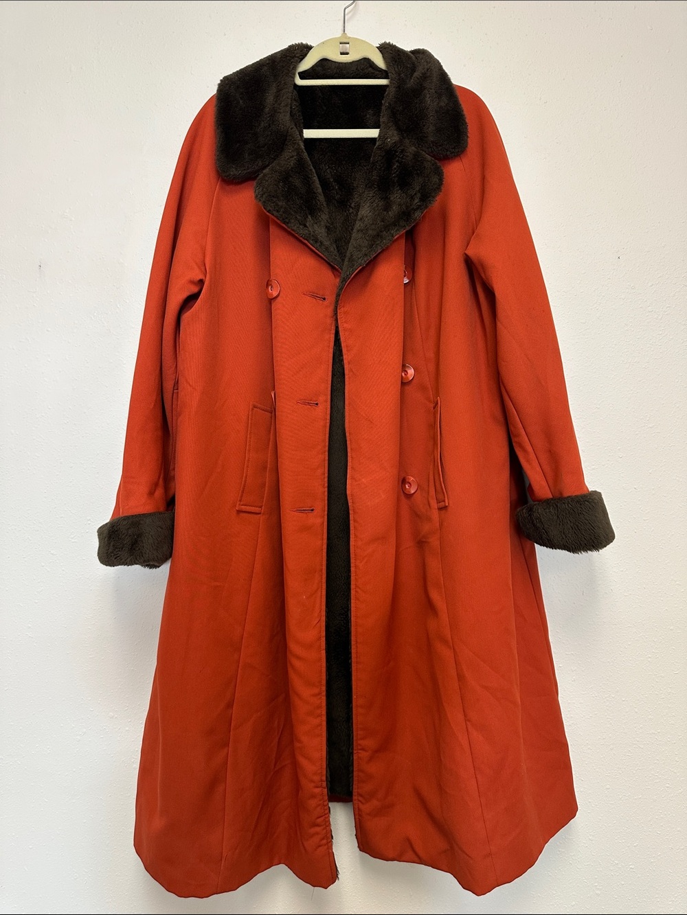 Women's plus size burnt orange winter pea Coat with Brown fur lining and Trim